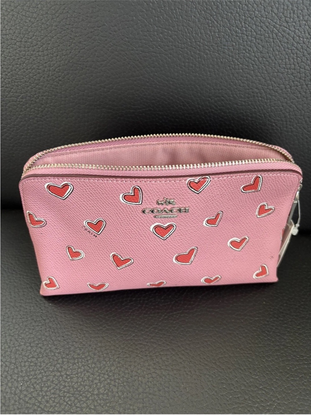 Coach Pink Heart-Print Cosmetic Pouch with Silver Logo